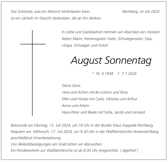 Todesanzeige von August Sonnentag von trauer.de