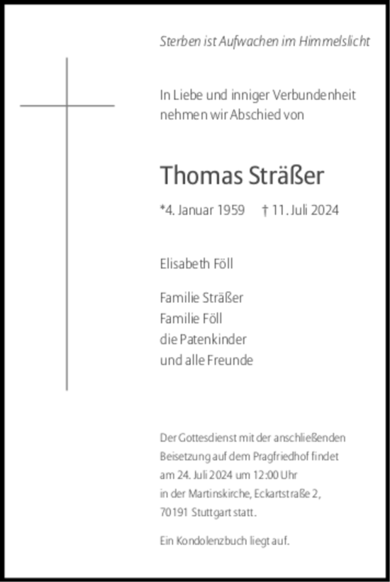Todesanzeige von Thomas Sträßer von trauer.de