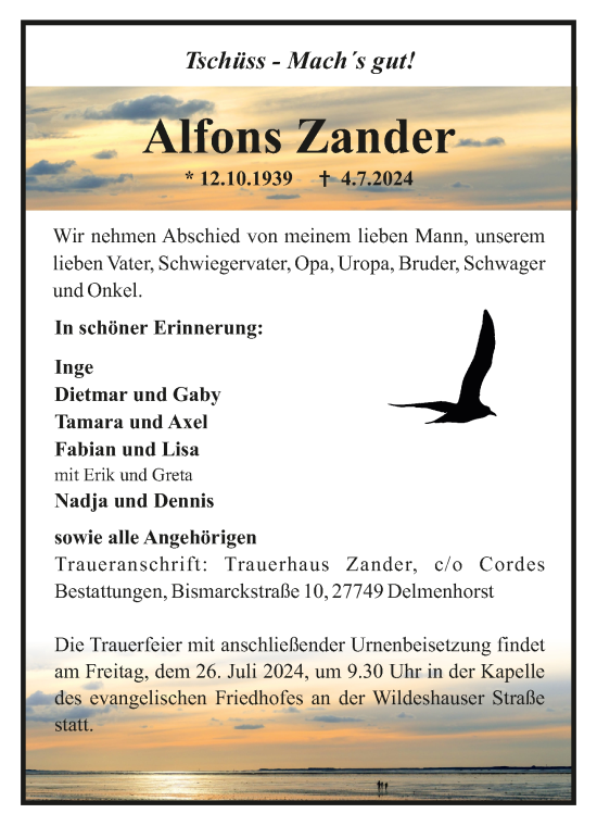 Todesanzeige von Alfons Zander von trauer.de