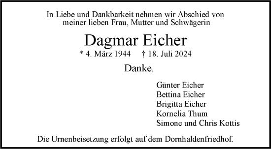 Todesanzeige von Dagmar Eicher von Trauer.de