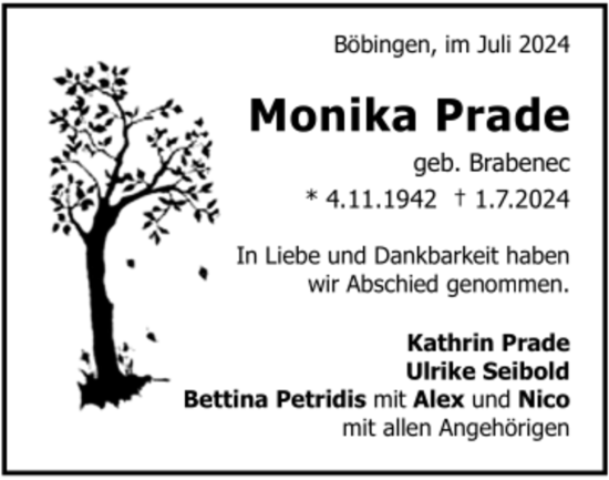 Todesanzeige von Monika Prade von trauer.de