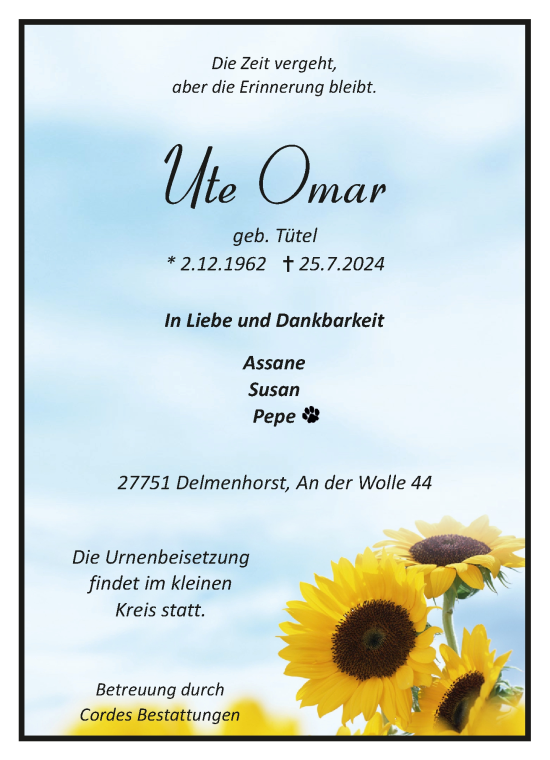 Todesanzeige von Ute Omar von trauer.de