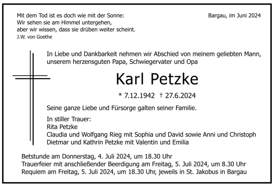 Todesanzeige von Karl Petzke von trauer.de