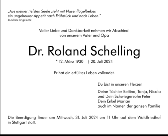 Todesanzeige von Roland Schelling von Trauer.de
