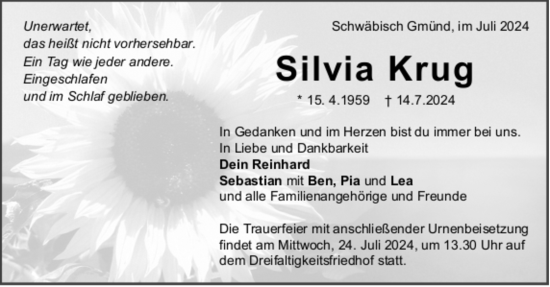 Todesanzeige von Silvia Krug von trauer.de