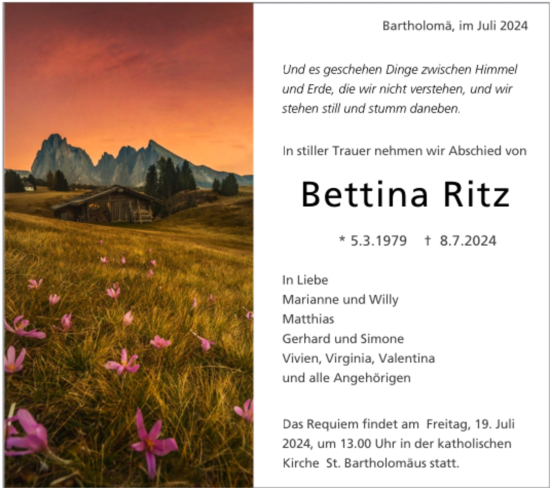 Todesanzeige von Bettina Ritz von trauer.de