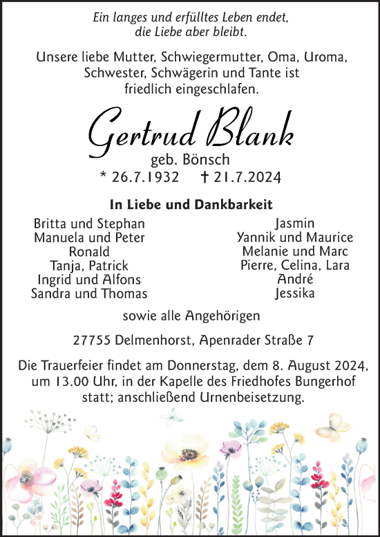 Todesanzeige von Gertrud Blank von trauer.de