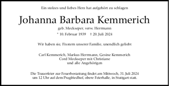 Todesanzeige von Johanna Barbara Kemmerich von trauer.de