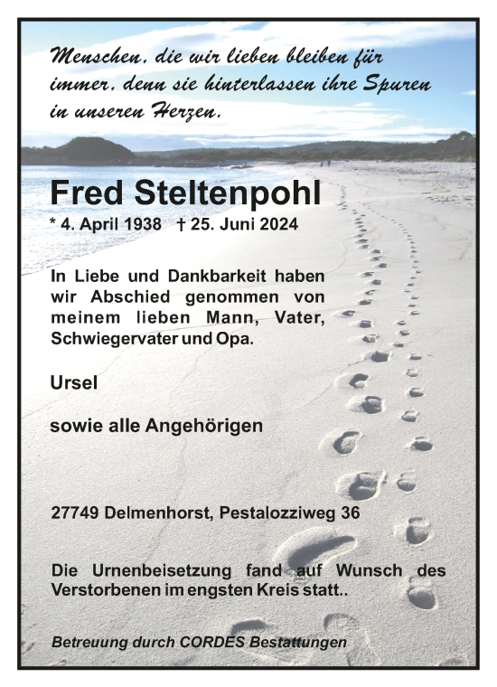 Todesanzeige von Fred Steltenpohl von trauer.de