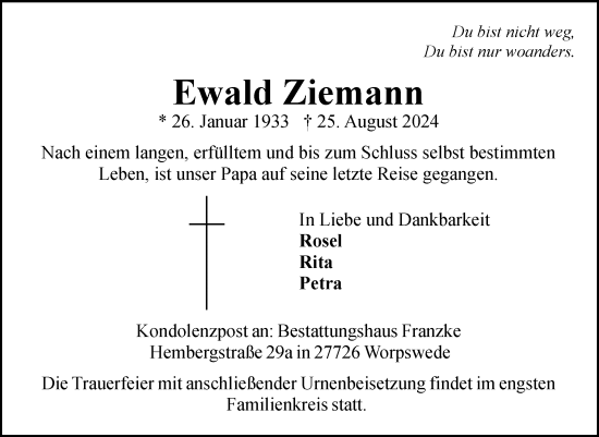 Todesanzeige von Ewald Ziemann von Trauer.de