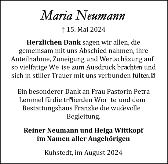 Todesanzeige von Maria Käthe Neumann von trauer.de