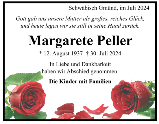 Todesanzeige von Margarete Peller von trauer.de