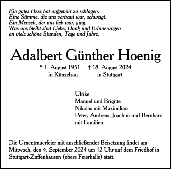 Todesanzeige von Adalbert Günther Hoenig von trauer.de