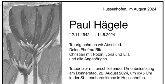 Todesanzeige von Paul Hägele von trauer.de