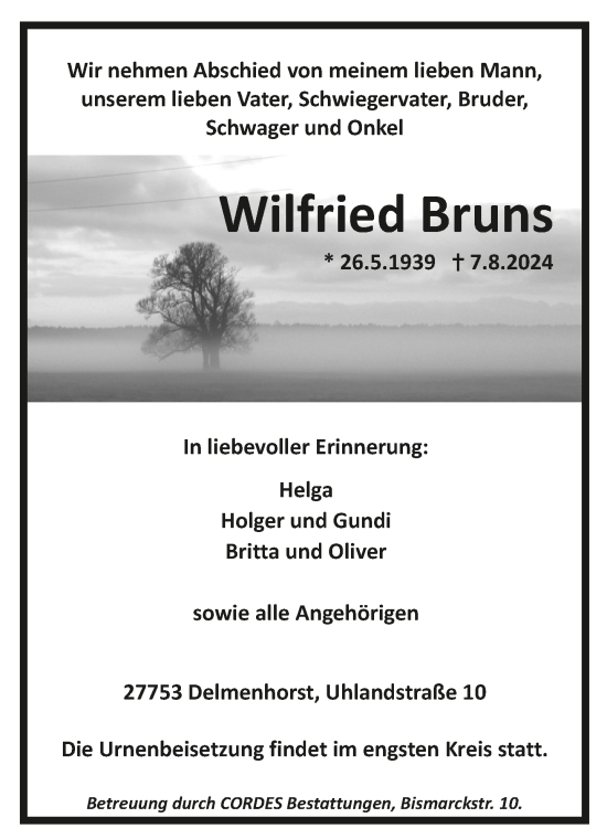 Todesanzeige von Wilfried Bruns von trauer.de