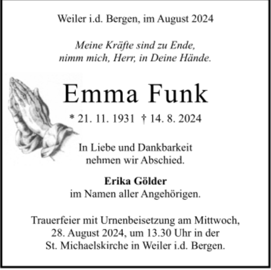 Todesanzeige von Emma Funk von Trauer.de