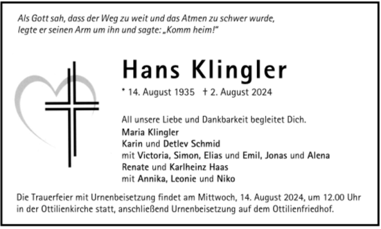 Todesanzeige von Hans Klingler von Trauer.de