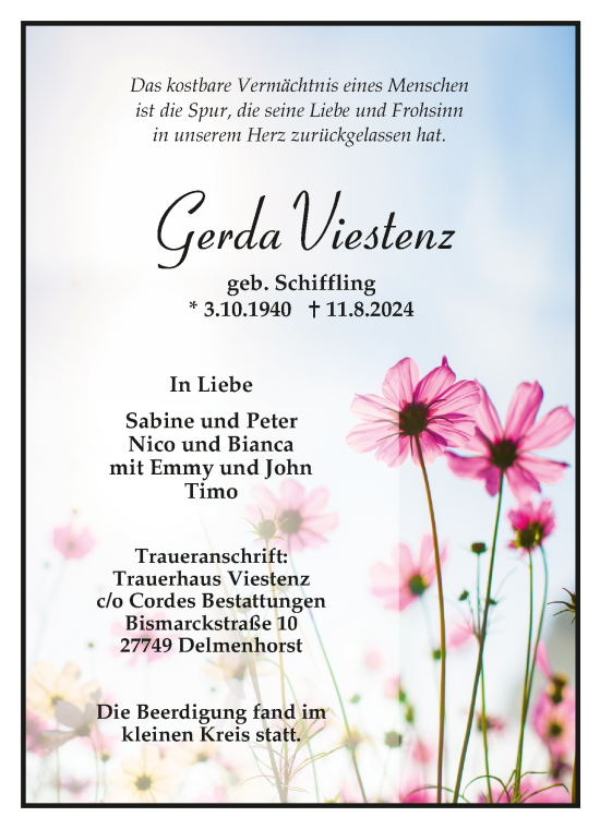 Todesanzeige von Gerda Viestenz von trauer.de