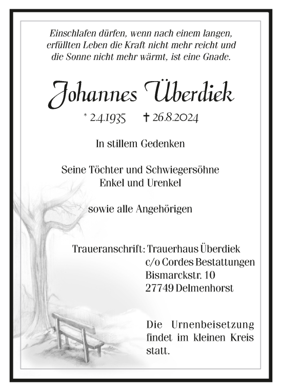 Todesanzeige von Johannes Überdiek von Trauer.de