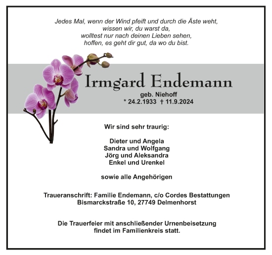 Todesanzeige von Irmgard Endemann von Trauer.de