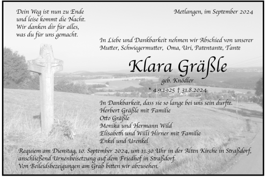 Todesanzeige von Klara Gräßle von trauer.de