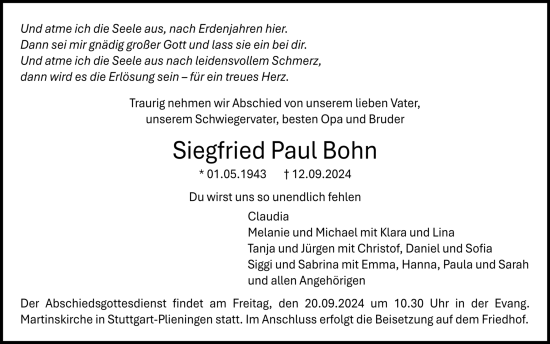 Todesanzeige von Siegfried Paul Bohn von trauer.de