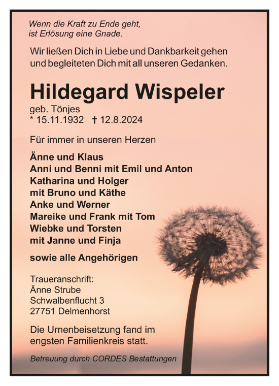 Todesanzeige von Hildegard Wispeler von Trauer.de