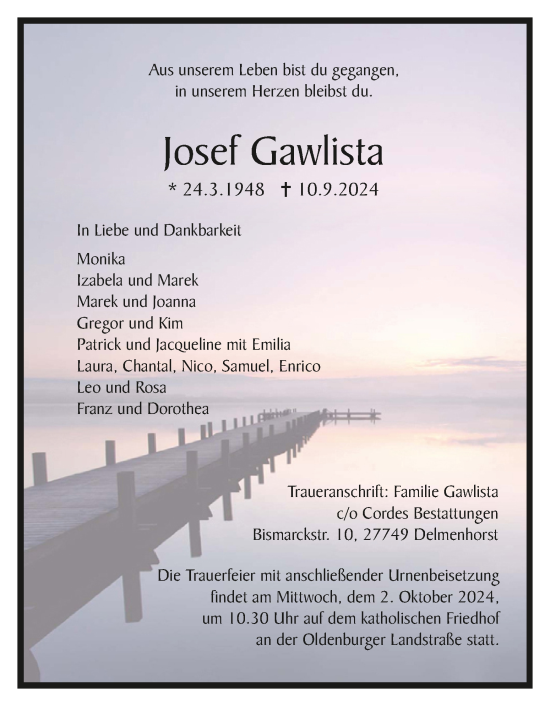 Todesanzeige von Josef Gawlista von Trauer.de