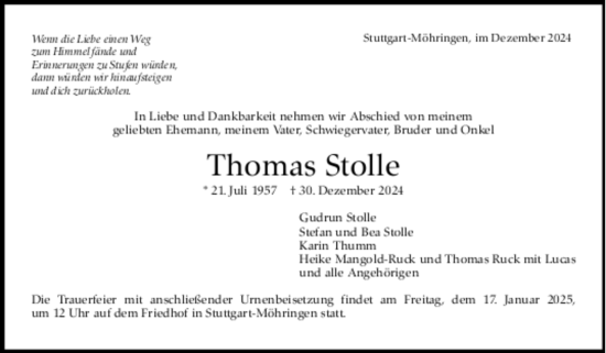 Todesanzeige von Thomas Stolle von trauer.de