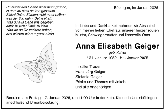 Todesanzeige von Anna Elisabeth Geiger von trauer.de