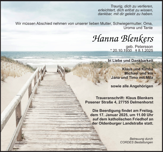 Todesanzeige von Hanna Blenkers von trauer.de