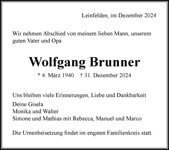 Todesanzeige von Wolfgang Brunner von trauer.de