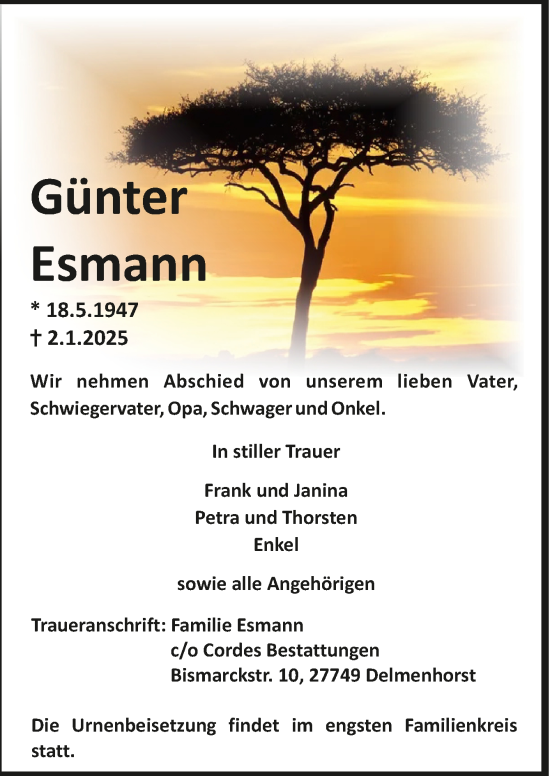 Todesanzeige von Günter Esmann von Trauer.de