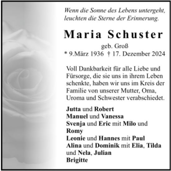 Todesanzeige von Maria Schuster von trauer.de