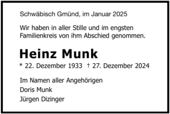 Todesanzeige von Heinz Munk von trauer.de