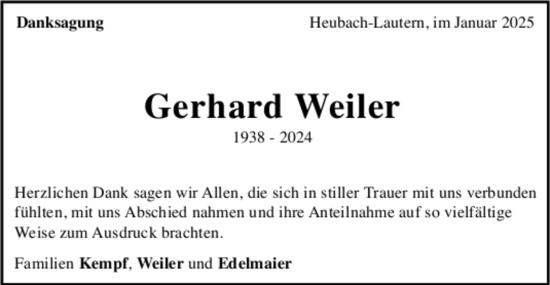 Todesanzeige von Gerhard Weiler von trauer.de