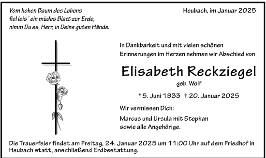 Todesanzeige von Elisabeth Reckziegel von trauer.de