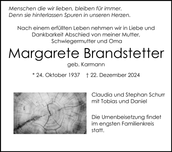 Todesanzeige von Margarete Brandstetter von trauer.de