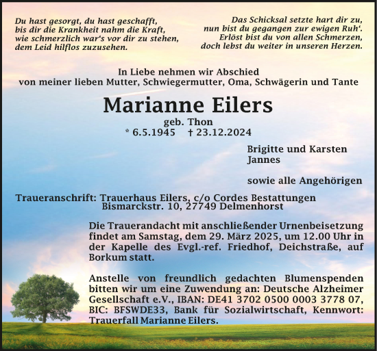 Todesanzeige von Marianne Eilers von Trauer.de