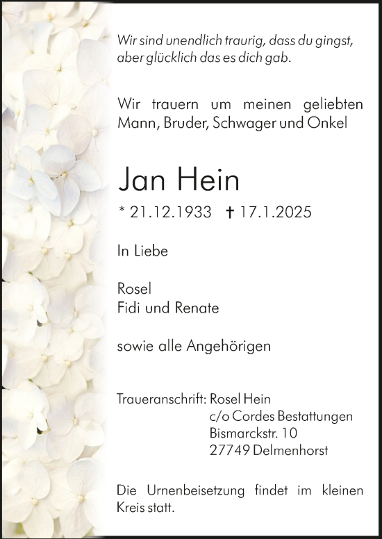 Todesanzeige von Jan Hein von Trauer.de