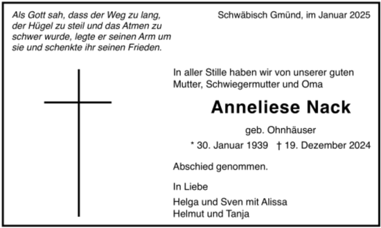 Todesanzeige von Anneliese Nack von trauer.de