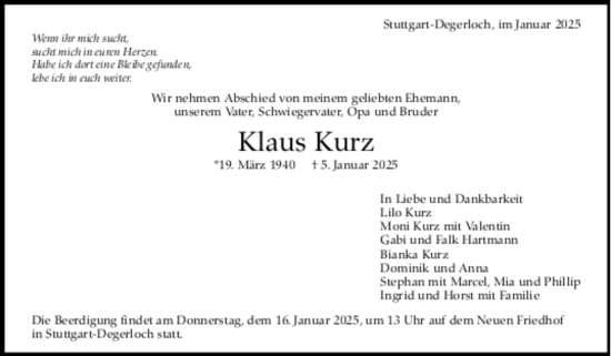 Todesanzeige von Klaus Kurz von trauer.de