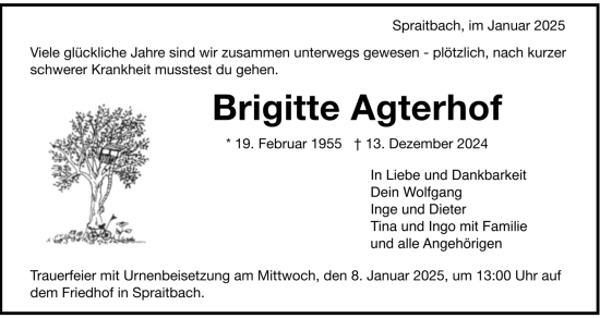 Todesanzeige von Brigitte Agterhof von trauer.de