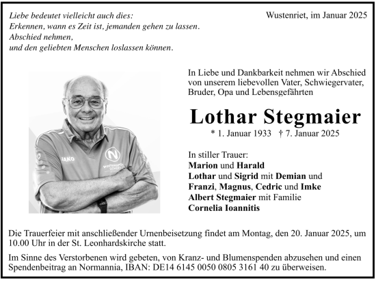 Todesanzeige von Lothar Stegmaier von trauer.de