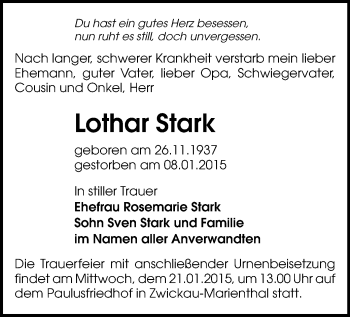 Todesanzeige von Lothar Stark von Zwickau