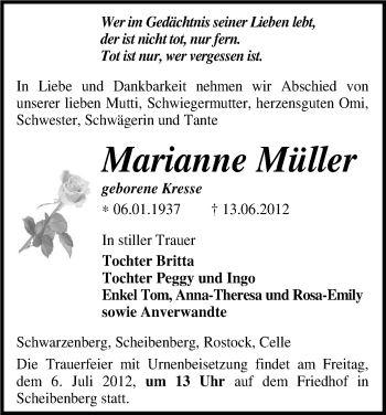 Todesanzeige von Marianne Müller von Gesamtausgabe