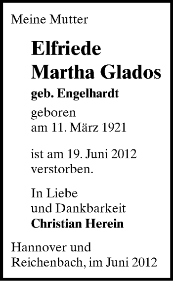 Todesanzeige von Elfriede Martha Glados von Gesamtausgabe