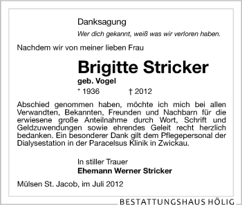 Todesanzeige von Brigitte Stricker von Gesamtausgabe