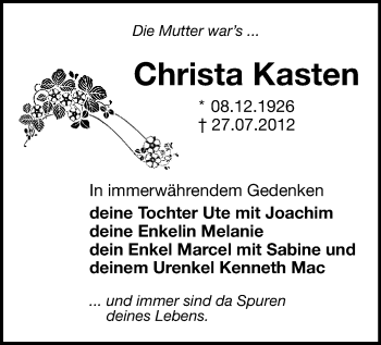 Todesanzeige von Christa Kasten von Gesamtausgabe