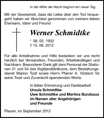 Todesanzeige von Werner Schmidtke von Gesamtausgabe